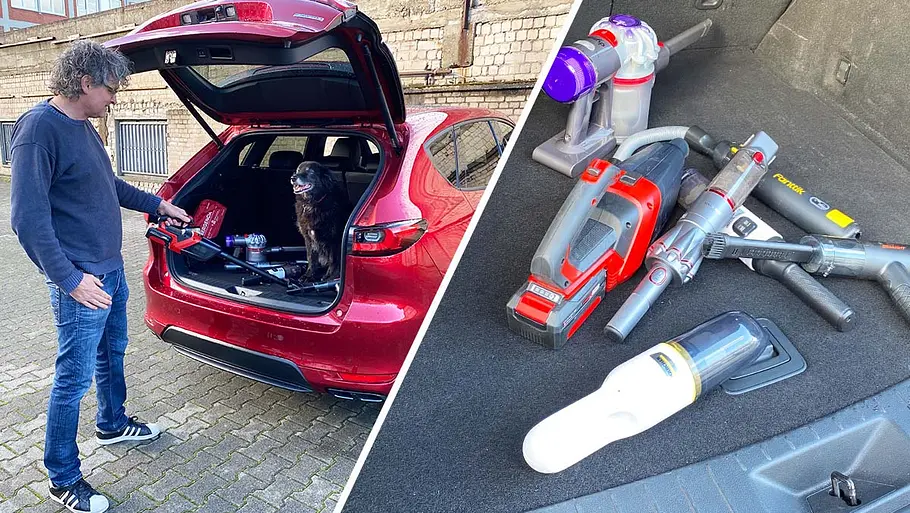 Akku-Handstaubsauger im Test Die Collage zeigt einen Mann beim Saugen des Kofferaums eines Autos, in dem ein Hund sitzt, die andere Seite zeigt alle Staubsauger im Test.