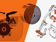 Historische technische Illustrationen zu STIHL Motorsägen mit Detaildarstellungen von Bauteilen und Mechanismen in Orange, Schwarz und Weiß. - Foto: Hersteller / STIHL