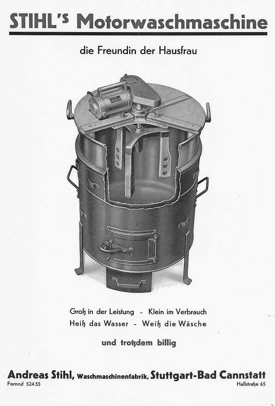 Historische Werbeanzeige für die STIHL Motorwaschmaschine mit einer technischen Darstellung des Geräts.