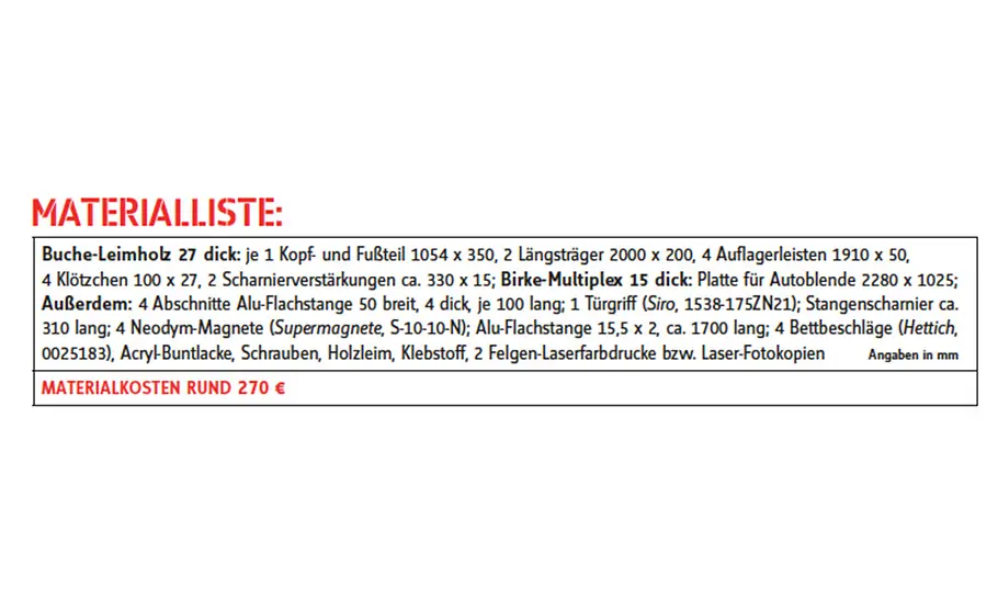 Zeichnung: Autobett selber bauen Autobett Materialliste