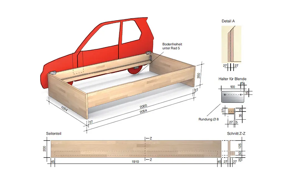 Zeichnung: Autobett selber bauen Autobett Zeichnung