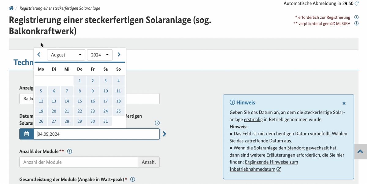 Screenshot vom Marktstammdatenregister, wo ein Balkonkraftwerk angemeldet wird.