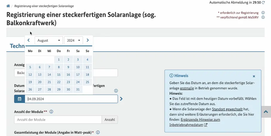 Balkonkraftwerk Registierung Marktstammdatenregister Screenshot vom Marktstammdatenregister, wo ein Balkonkraftwerk angemeldet wird.
