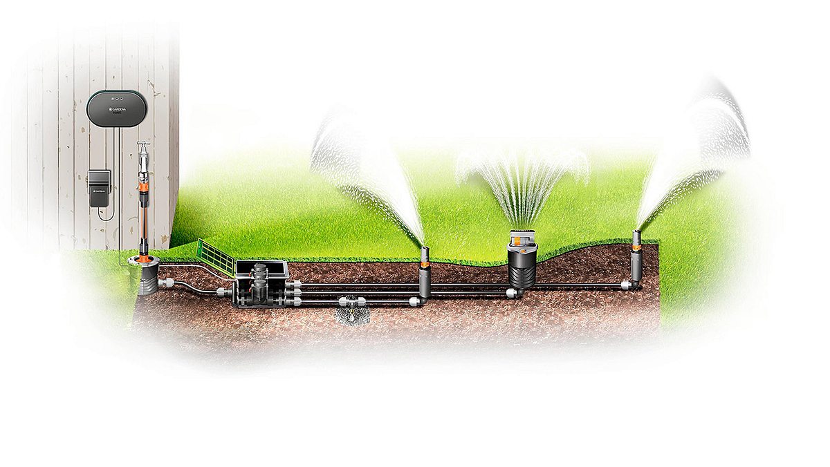 Querschnitt-Zeichnung des Bewässerungssystems mit Versenkregner, Wassersteckdose und Micro-Drip-System