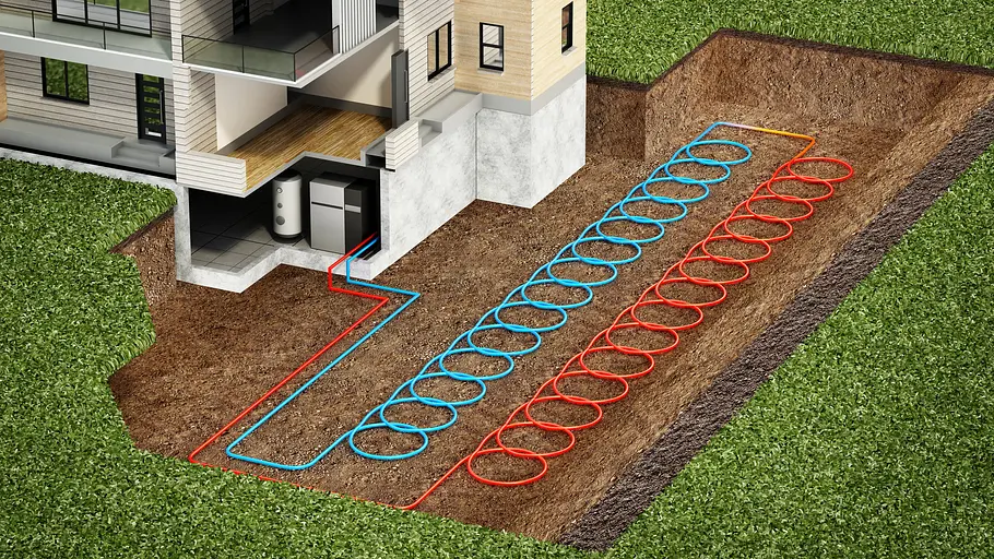 erdwärmepumpe im Schema Das Schema einer Erdwärmepumpe mit verlegten Schläuchen unter der Erde