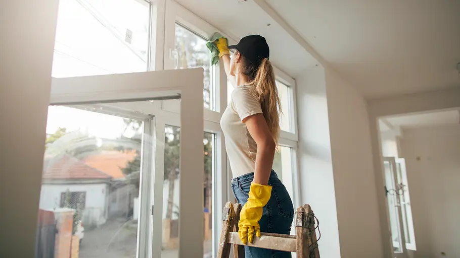 Eine Frau mit gelben Gummihandschuhen steht auf einer Leiter und putzt weiße Kunststoff-Fensterrahmen