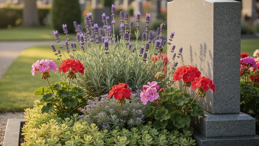 Sommerlich bepflanztes Grab mit Lavendel, roten und rosafarbenen Geranien sowie Bodendeckern vor hellem Grabstein.