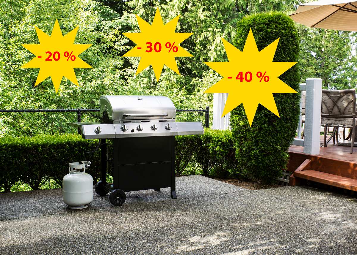 Gasgrill auf Terrasse mit Hinweisen auf prozentuale Rabatte.