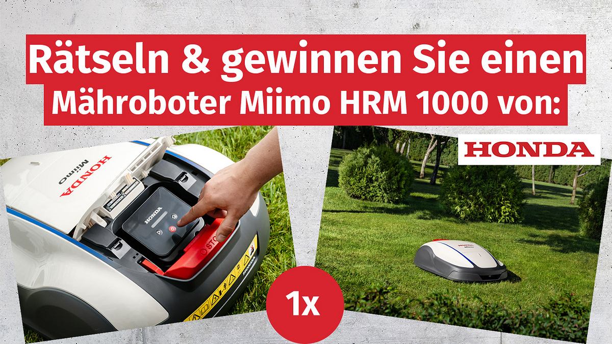 Es ist ein Honda Rasenmähroboter zu sehen. Rechts ein Bild, wie er Rasen mäht, links ein Bild vom Display. Über allem steht Rätseln & gewinnen Sie einen Mähroboter Miimo HRM 1000 von Honda.
