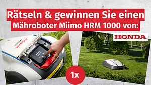 Es ist ein Honda Rasenmähroboter zu sehen. Rechts ein Bild, wie er Rasen mäht, links ein Bild vom Display. Über allem steht Rätseln & gewinnen Sie einen Mähroboter Miimo HRM 1000 von Honda. - Foto: Hersteller / Honda; Hintergrund: iStock / Xurzon