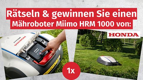 Es ist ein Honda Rasenmähroboter zu sehen. Rechts ein Bild, wie er Rasen mäht, links ein Bild vom Display. Über allem steht Rätseln & gewinnen Sie einen Mähroboter Miimo HRM 1000 von Honda. - Foto: Hersteller / Honda; Hintergrund: iStock / Xurzon