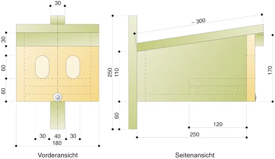 Zeichnung für Halbhöhlen-Nistkasten Nistkasten: Zeichnung und Materialliste