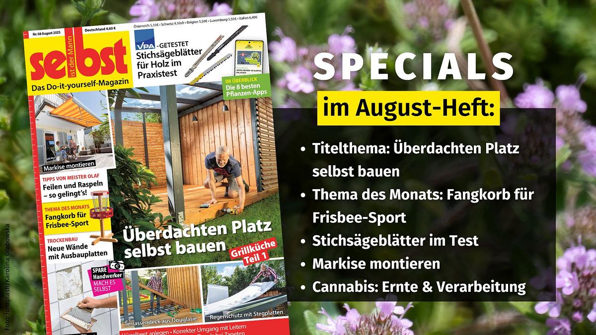 Das Bild zeigt das Titel der August-Ausgabe selbst ist der Mann, daneben sind die Highlights der Ausgabe aufgelistet. Das ganze vor dem Hintergrund einer paar unscharfer Gartenblumen.