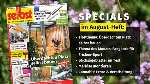 Das Bild zeigt das Titel der August-Ausgabe selbst ist der Mann, daneben sind die Highlights der Ausgabe aufgelistet. Das ganze vor dem Hintergrund einer paar unscharfer Gartenblumen. - Foto: Hintergrund: Unsplash / Karolina Grabowska