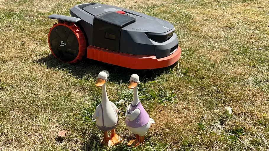 Die Hinderniserkennung des Navimow ist einwandfrei. Zwei Deko-Enten stehen auf einer Rasenfläche. Direkt hinter ihnen fährt ein Mähroboter der Marke Segway.