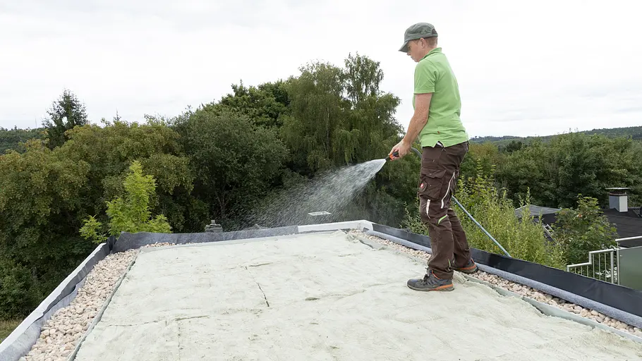 Bevor man anschließend die Vegetationsmatten verlegt, wässert man die Wachstumsmatten etwas vor.