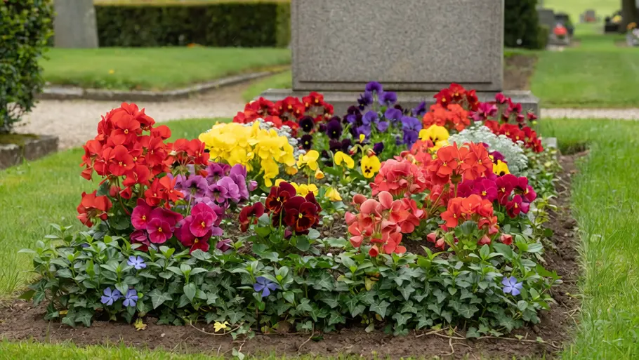 Bunt bepflanztes Grab mit roten, gelben und violetten Blumen vor einem grauen Grabstein.