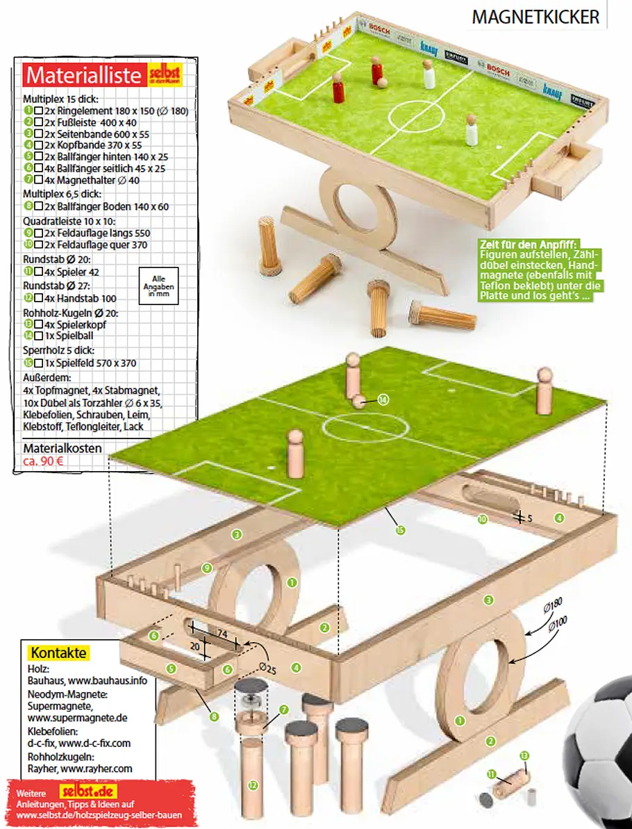 Zeichnung und Materialliste für den Tischkicker