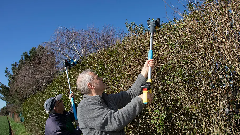 Akku-Grasscheren-Test: Strauchschnitt Zwei Männer schneiden mit akkubetriebenen Teleskop-Scheren die oberen Bereiche einer hohen Hecke im Garten.