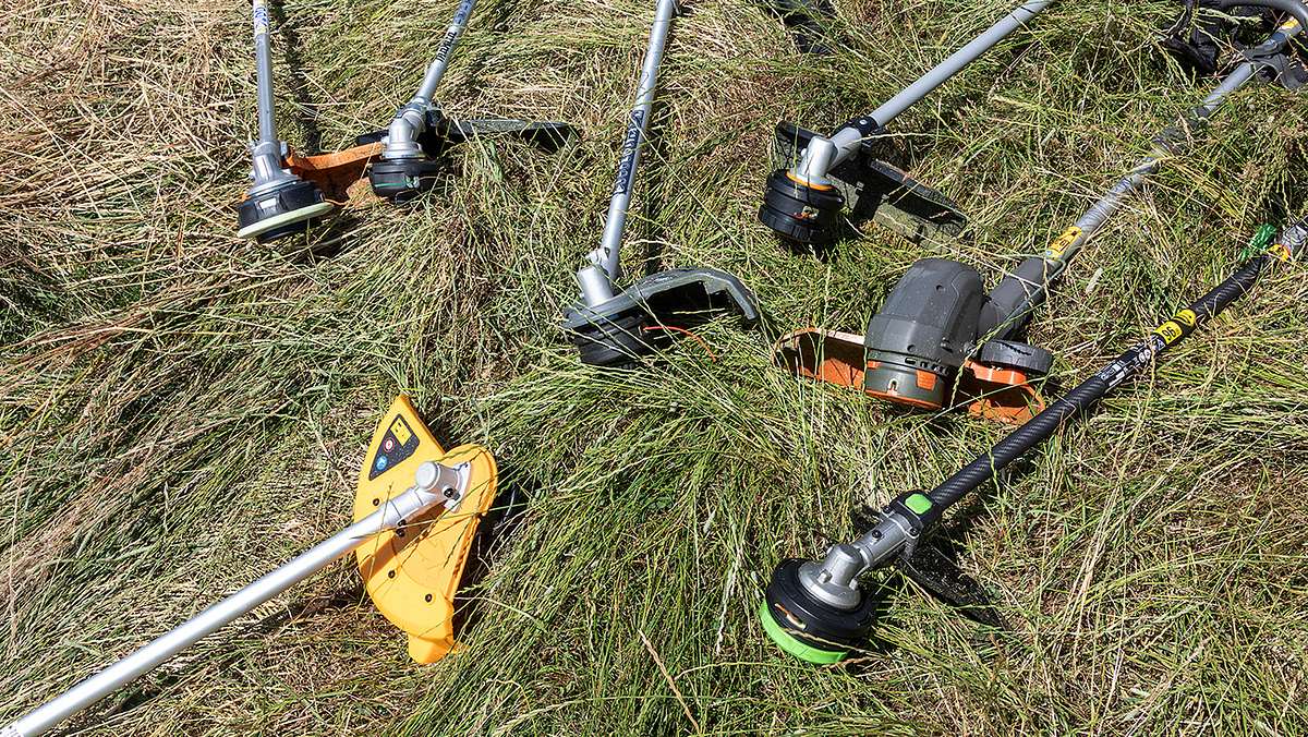 Mehrere Akku-Freischneider verschiedener Hersteller liegen auf einer Wiese mit hohem, geschnittenem Gras.