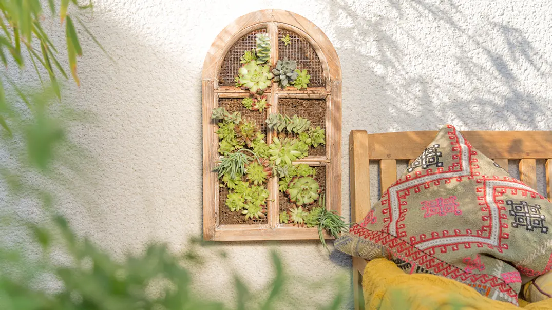 Vertikaler Garten aus Sukkulenten in einem dekorativen, fensterförmigen Holzrahmen an einer hellen Wand; daneben ein Holzstuhl mit gemustertem Kissen in Rot und Beige, umgeben von weichen Pflanzen- und Schattenakzenten. - Foto: Hersteller / Bosch