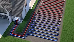 schematische Darstellung einer Erdwärmepumpe mit Heizschlaufen im Garten eines Hauses - Foto: istockphoto.com