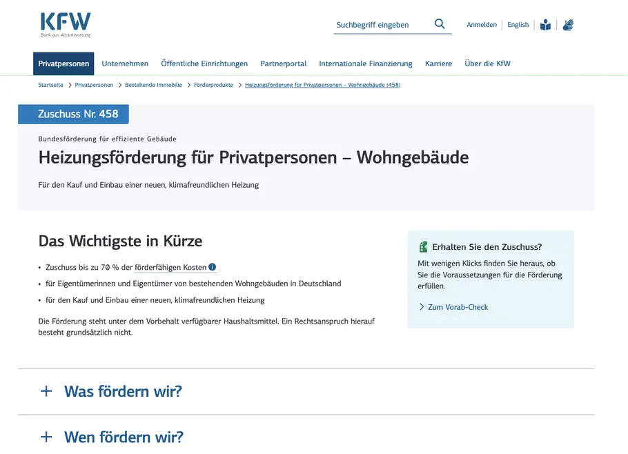 kfw-uebersicht-foerderung-waermepumpe Die Übersichtsseite der KfW Förderbank zum Thema Heizungsföderung für Privatpersonen