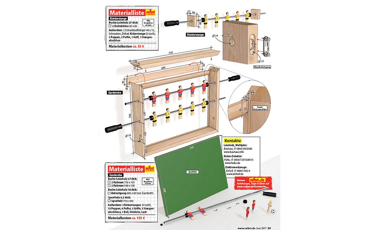 Kicker-Garderobe Zeichnungen und Materiallisten