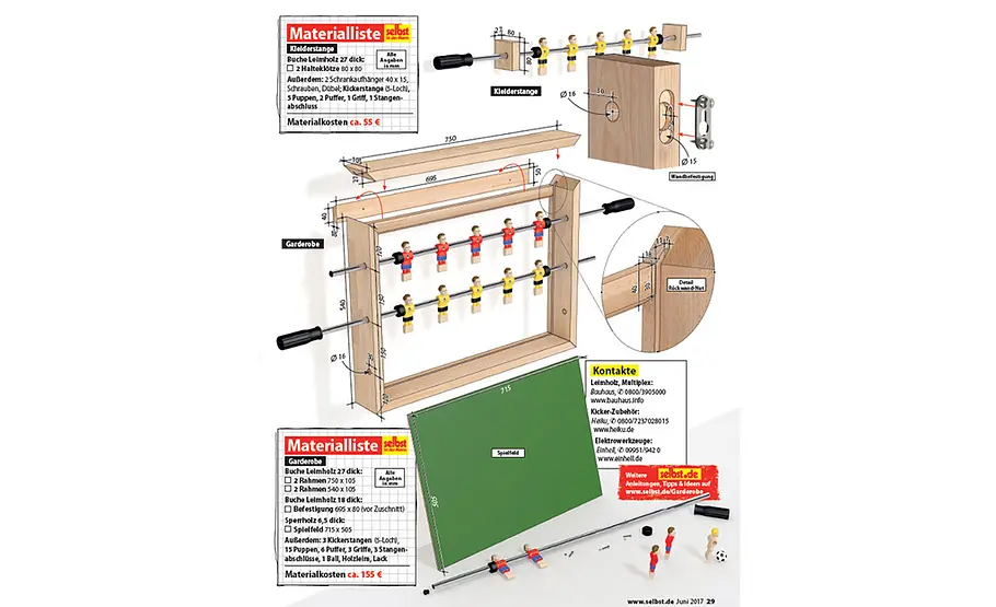 Fußball-Garderobe in klein und groß Kicker-Garderobe Zeichnungen und Materiallisten