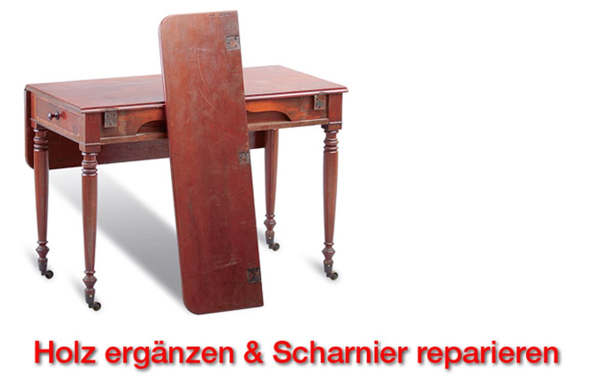 Tisch restaurieren: Holz ergänzen & Scharnier reparieren