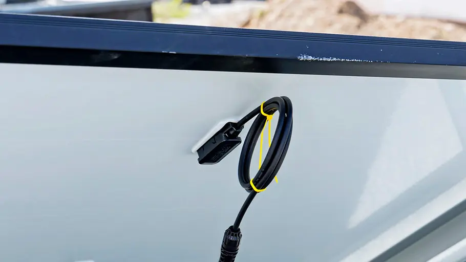 Kleine Solaranlage Ein Stromkabel ist auf der Rückseite eines Solarpanels ordentlich mit einem Kabelbinder zu einer Schlaufe fixiert.
