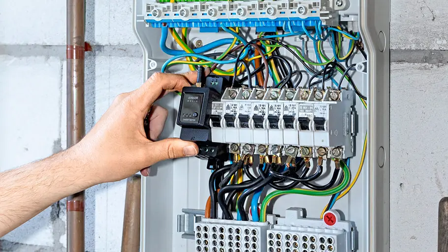Kleine Solaranlage Eine Hand hält ein Anker-Solix-Modul in einen offenen Sicherungskasten mit vielen Kabeln und Automaten.