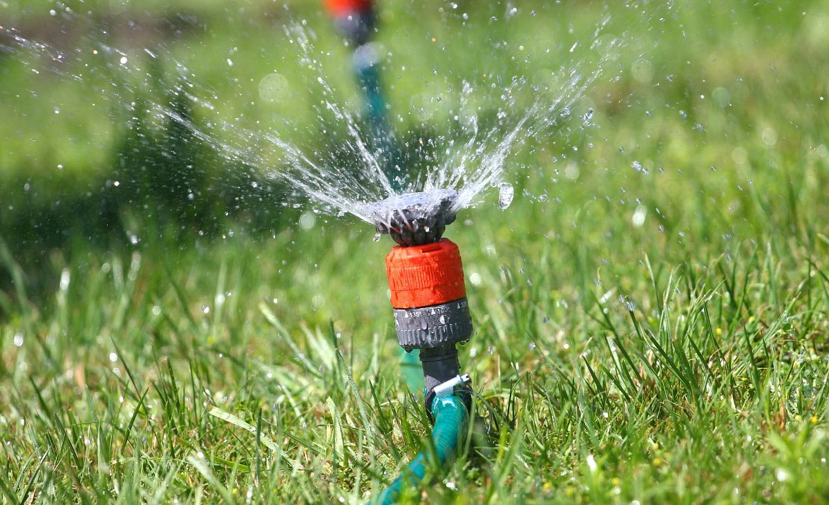 Ein Kreisregner sorgt für die gleichmäßige Bewässerung großer Flächen im Garten
