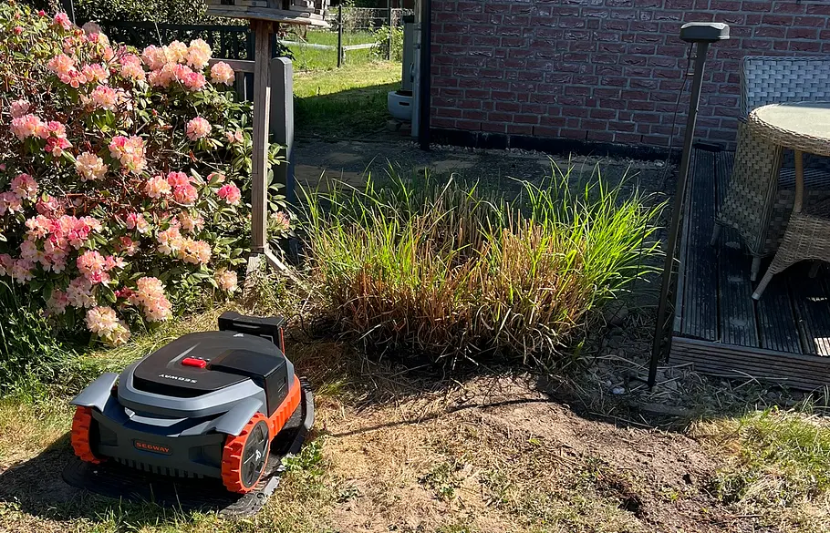 Die Installation des Segway Navimow X315 war kinderleicht. Mähroboter auf seiner Ladestation vor einem blühenden Rhododendron. Im Hintergrund ist eine Hauswand.
