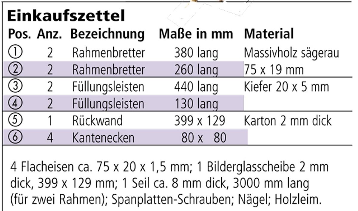 Materialliste Bilderrahmen bauen