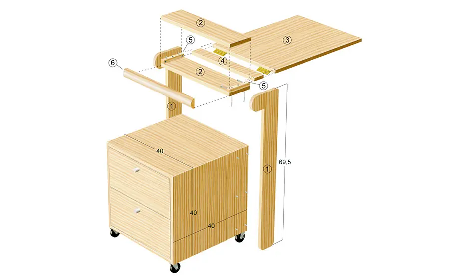 Nachttisch mit Bett-Tablett Bett-Tablett: Zeichnung