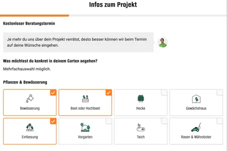 Einzelne Auswahlmöglichkeiten des Obi Gartenplaners