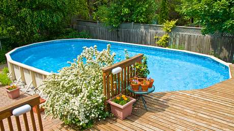 Ein sehr gepflegter, bunt bepflanzter Garten mit Swimmingpool - Foto: iStock/Chiyacat