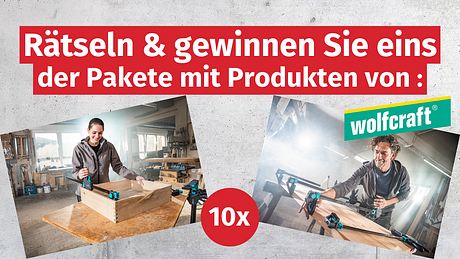 Zwei Bilder, die die zu gewinnenden Produkte im Einsatz zeigen: Einhandzwingen von wolfcraft. - Foto: Hersteller / wolfcraft; Hintergrund: iStock / Xurzon