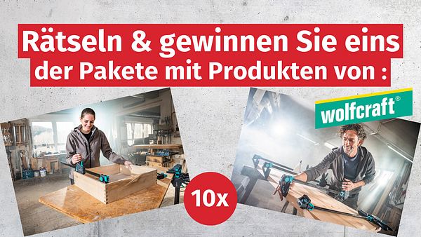 Zwei Bilder, die die zu gewinnenden Produkte im Einsatz zeigen: Einhandzwingen von wolfcraft. - Foto: Hersteller / wolfcraft; Hintergrund: iStock / Xurzon