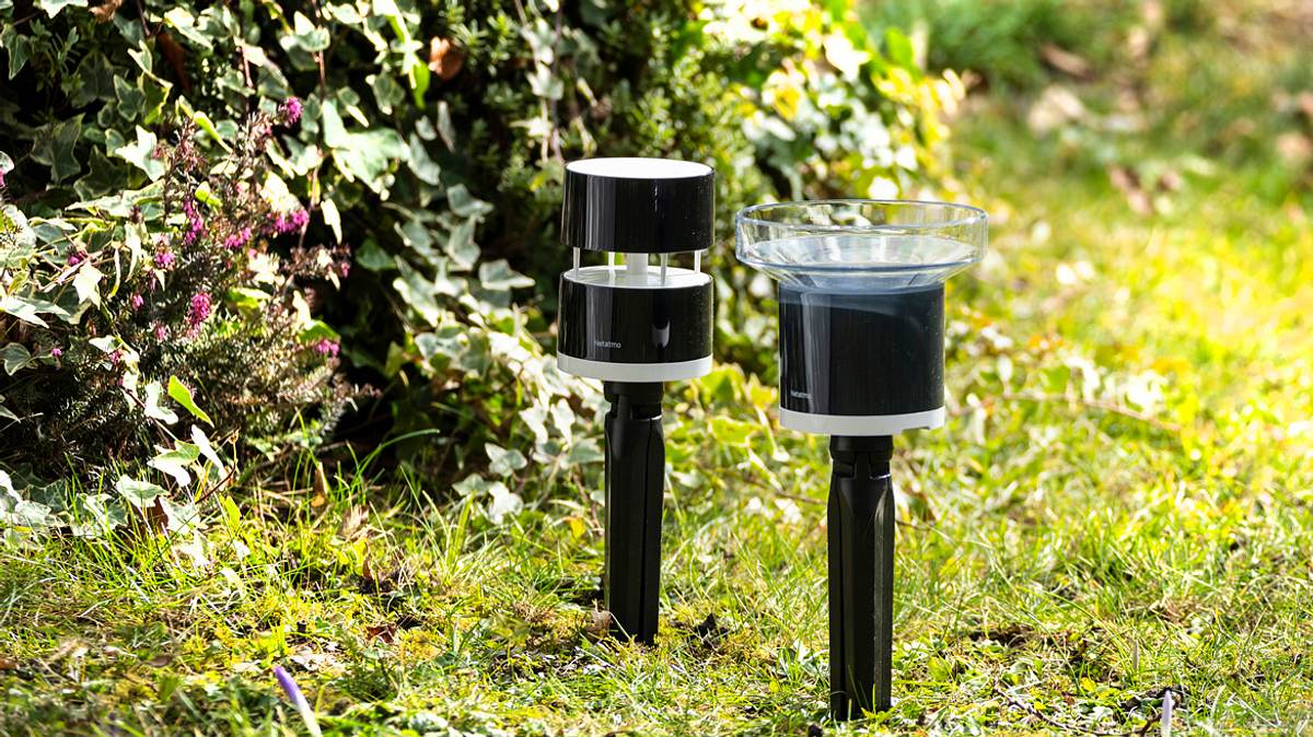 Regen- und Windmesser stehen auf Wiese im Garten