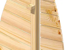 Zeichnung der Gartendusche Detailaufnahme einer Ecke aus hellem Kiefernholz mit waagerechten Profilbrettern und Holzdübeln