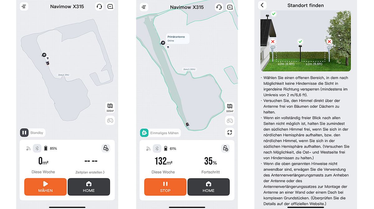 Einblick in die Navimow-App. Drei Screenshots aus der Navimow-App. Zwei davon zeigen die Rasenfläche des Testgartens mit zum Teil bereits gemähter Fläche. Der andere Screenshot beschreibt, wie die Antenne im Garten platziert werden sollte.