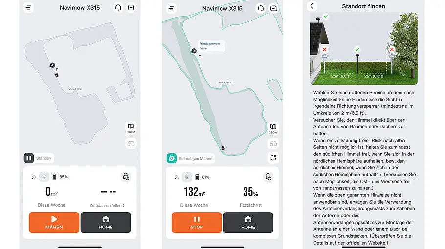 Einblick in die Navimow-App. Drei Screenshots aus der Navimow-App. Zwei davon zeigen die Rasenfläche des Testgartens mit zum Teil bereits gemähter Fläche. Der andere Screenshot beschreibt, wie die Antenne im Garten platziert werden sollte.