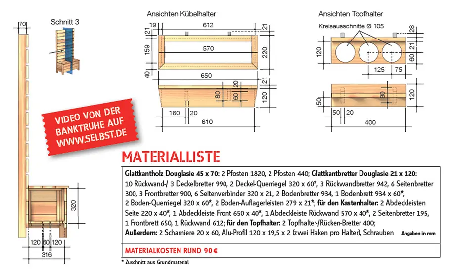 Banktruhe mit Rankgitter Sichtschutzbank Zeichnung und Materialliste