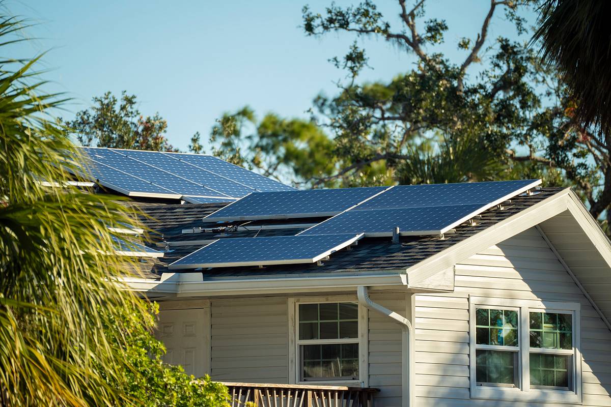 Auf weißen Holzhütten montierte, bläuliche Solarpanels, drumherum grüne Bäume und blauer Himmel.