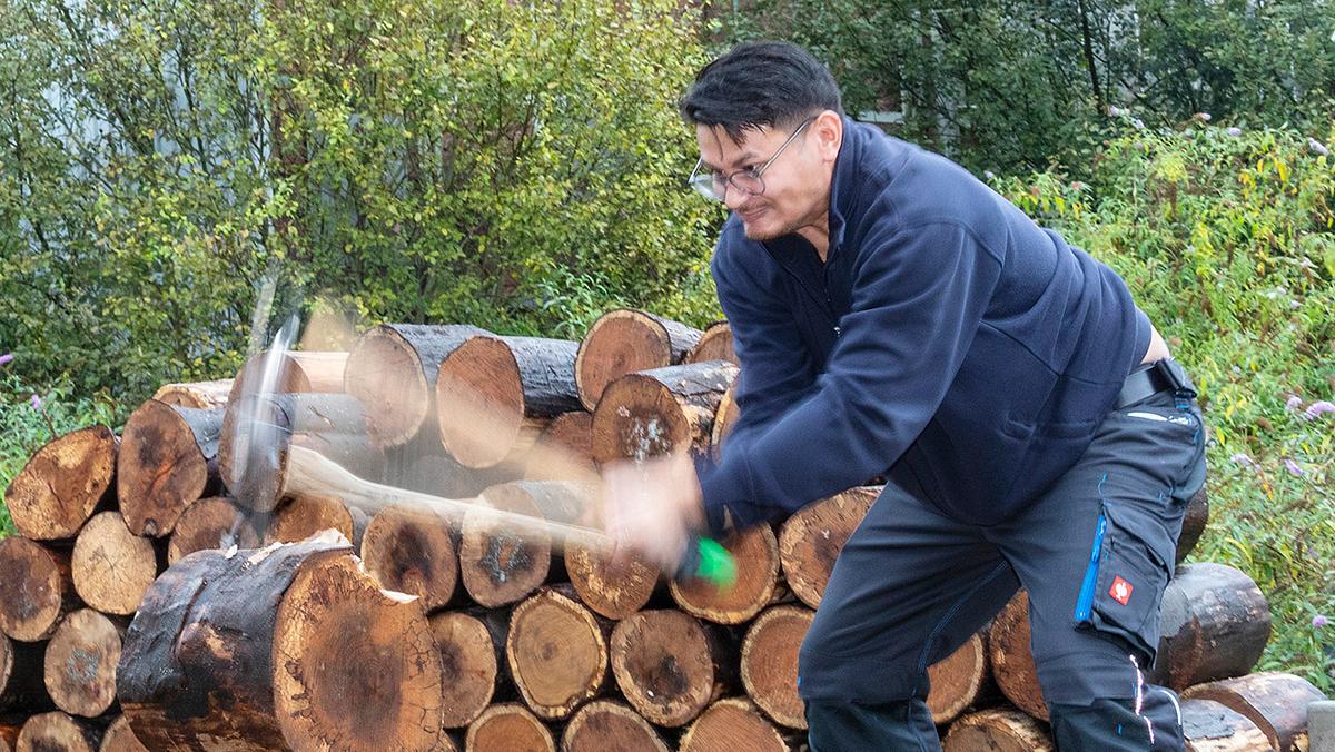 Prüfer schlägt mit Axt auf Holz