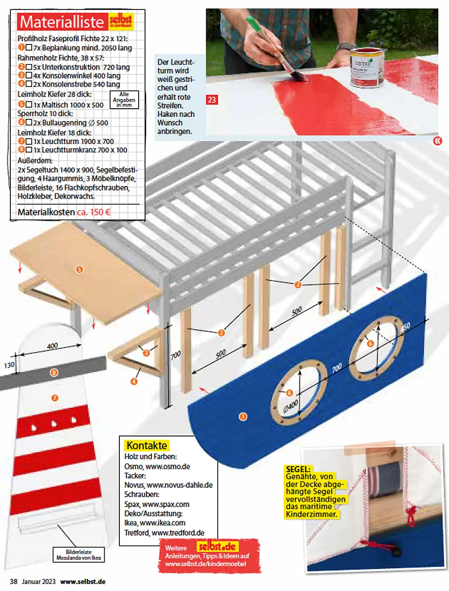 Zeichnung und Materialliste für das Spielbett
