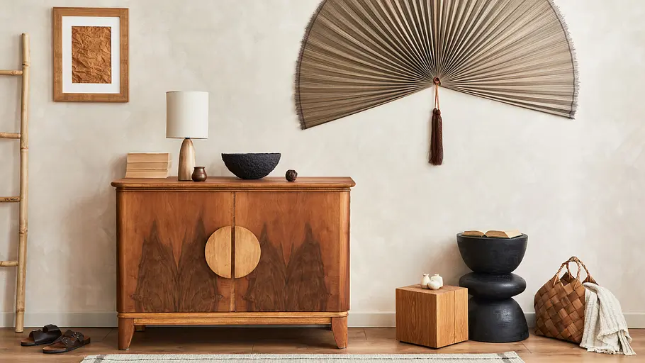Feng-Shui-Tipps für die Wohnungseinrichtung Feng-Shui-Tipps für die Wohnungseinrichtung: Ein asiatisccher Fächer dient als Wanddekoration über einer Holzkommode