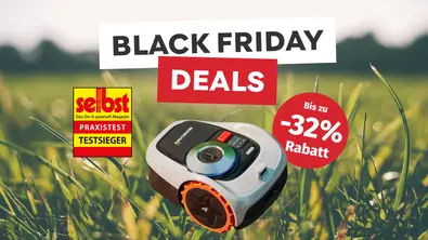 Mähroboter auf Gras im Black Friday Angebot von bis zu -32% - Foto: Collage von Selbst.de & PR
